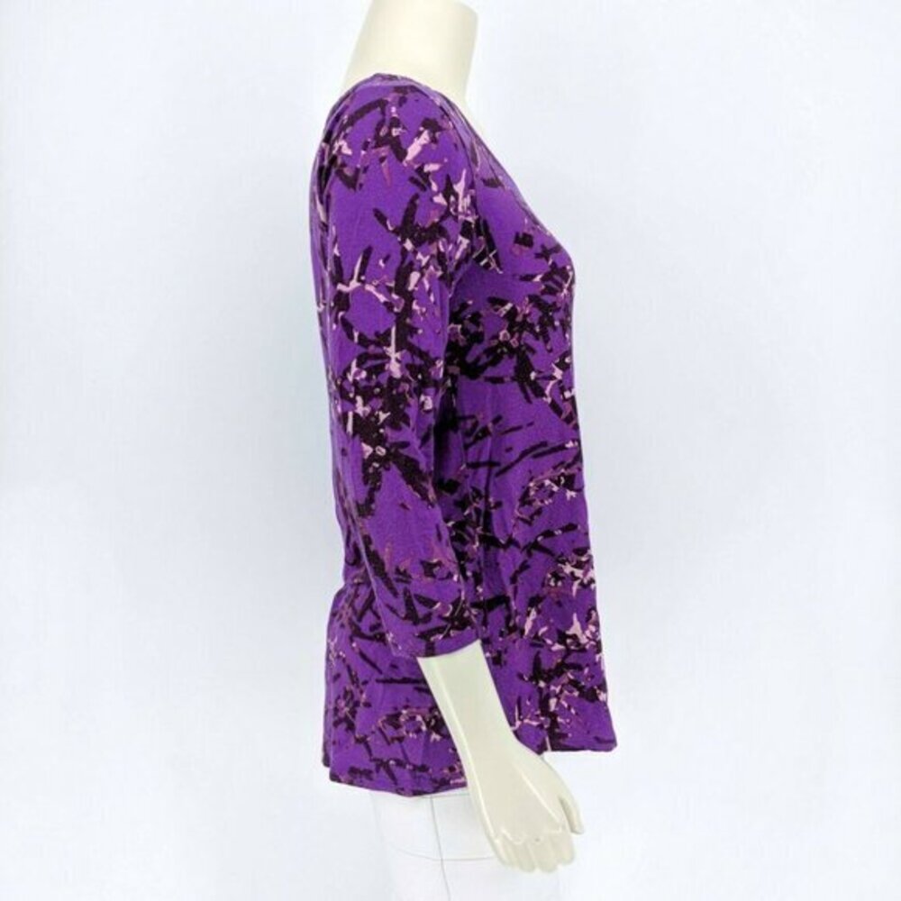 H By Halston Bamboo Printed Scoop Neck 3/4 Sleeve Top Purple Women's XXS - Picture 2 of 7